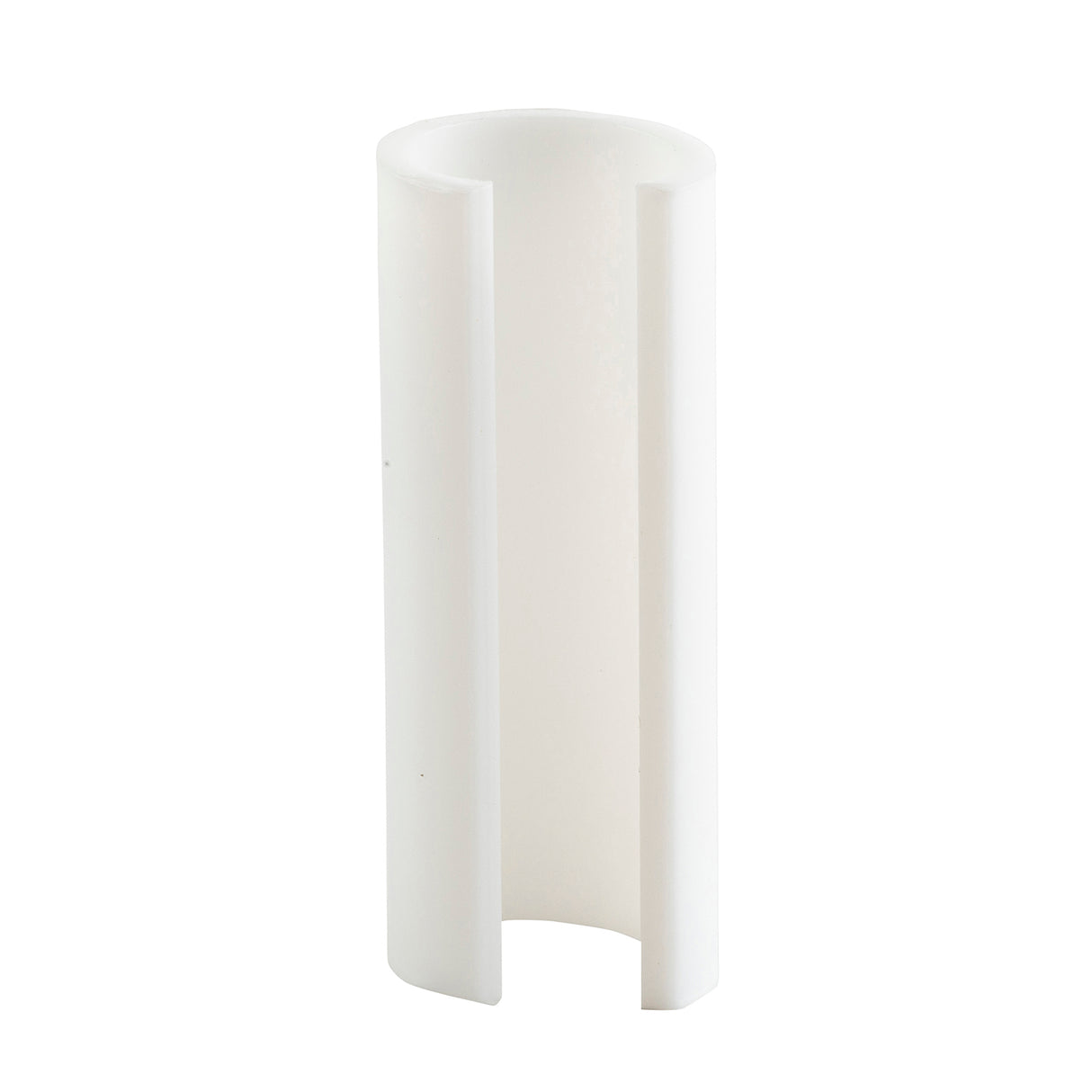 A white, cylindrical plastic object with a vertical slit forms an open, C-shaped profile. Designed as a pump restrictor for TableCraft dispensers, this smooth and slightly reflective piece is made to fit 3/4 oz pumps. Shown upright against a plain white background.