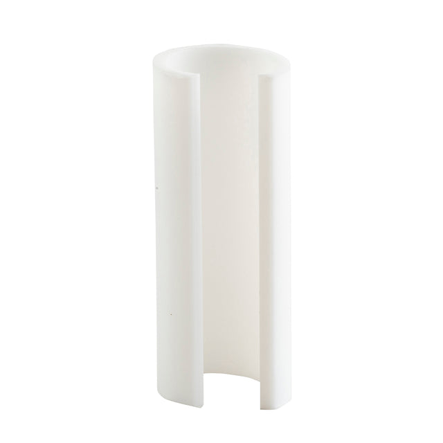A white, cylindrical plastic object with a vertical slit forms an open, C-shaped profile. Designed as a pump restrictor for TableCraft dispensers, this smooth and slightly reflective piece is made to fit 3/4 oz pumps. Shown upright against a plain white background.