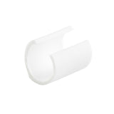 A white, cylindrical plastic pump restrictor clip with a U-shaped opening. Hollow and smooth, it's designed to snap onto or hold a tube or rod. The plain white background highlights the clip’s simple, minimalistic form.