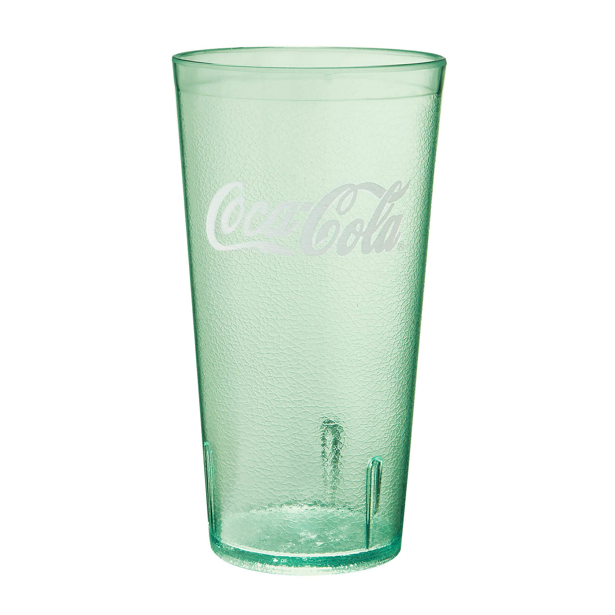 A translucent jade green 20 oz. Coke Tumbler with a textured surface features the white Coca-Cola logo across the upper front. The glass is slightly tapered, wider at the top and narrower at the base, and sits on a white background.