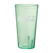 A translucent jade green 20 oz. Coke Tumbler with a textured surface features the white Coca-Cola logo across the upper front. The glass is slightly tapered, wider at the top and narrower at the base, and sits on a white background.