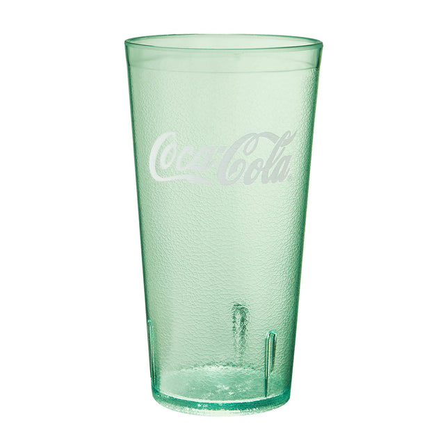 A translucent jade green 20 oz. Coke Tumbler with a textured surface features the white Coca-Cola logo across the upper front. The glass is slightly tapered, wider at the top and narrower at the base, and sits on a white background.