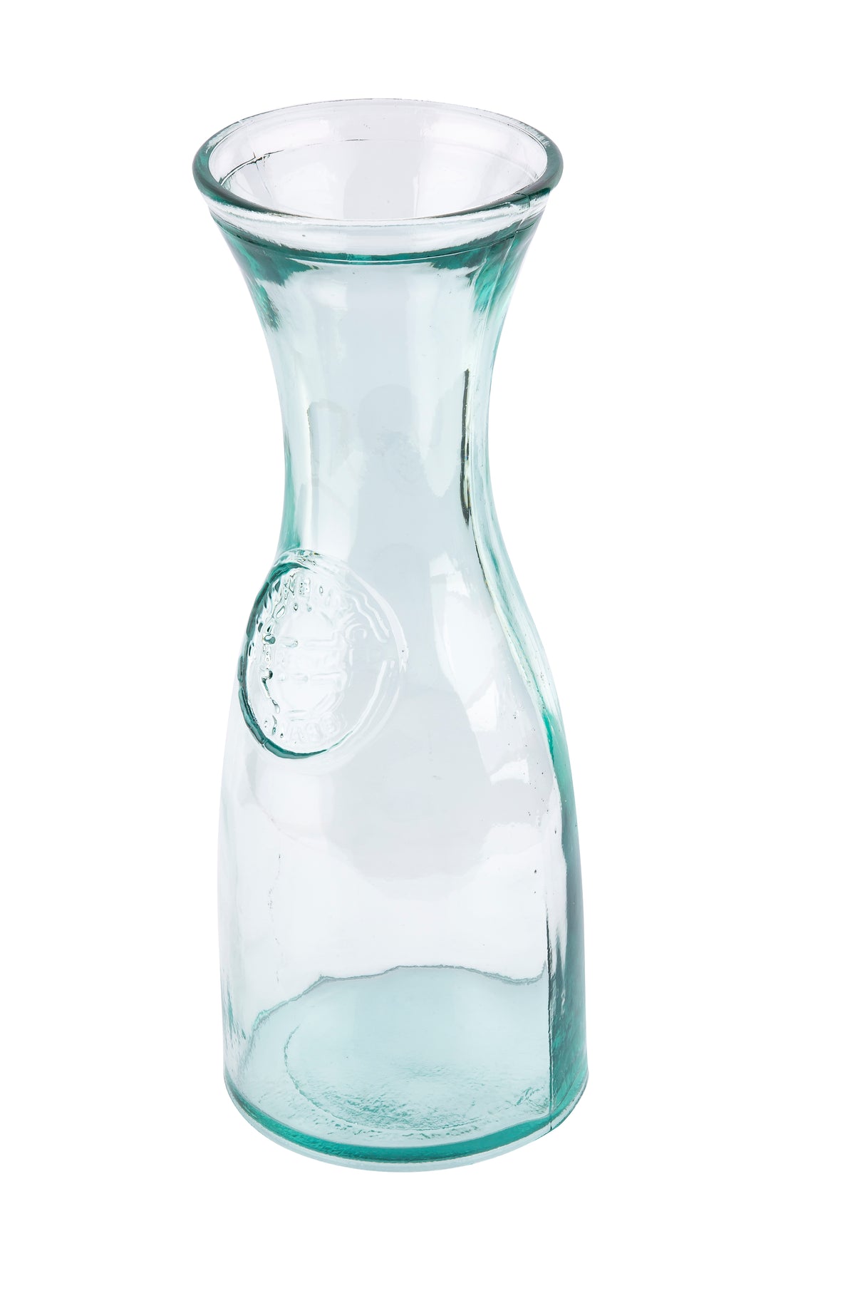 A clear, empty authentic carafe crafted from recycled glass, with a wide, flared rim and narrow neck that widens to the 28 oz base. The glass features a slight bluish tint and an embossed circular seal on one side. Background is white.