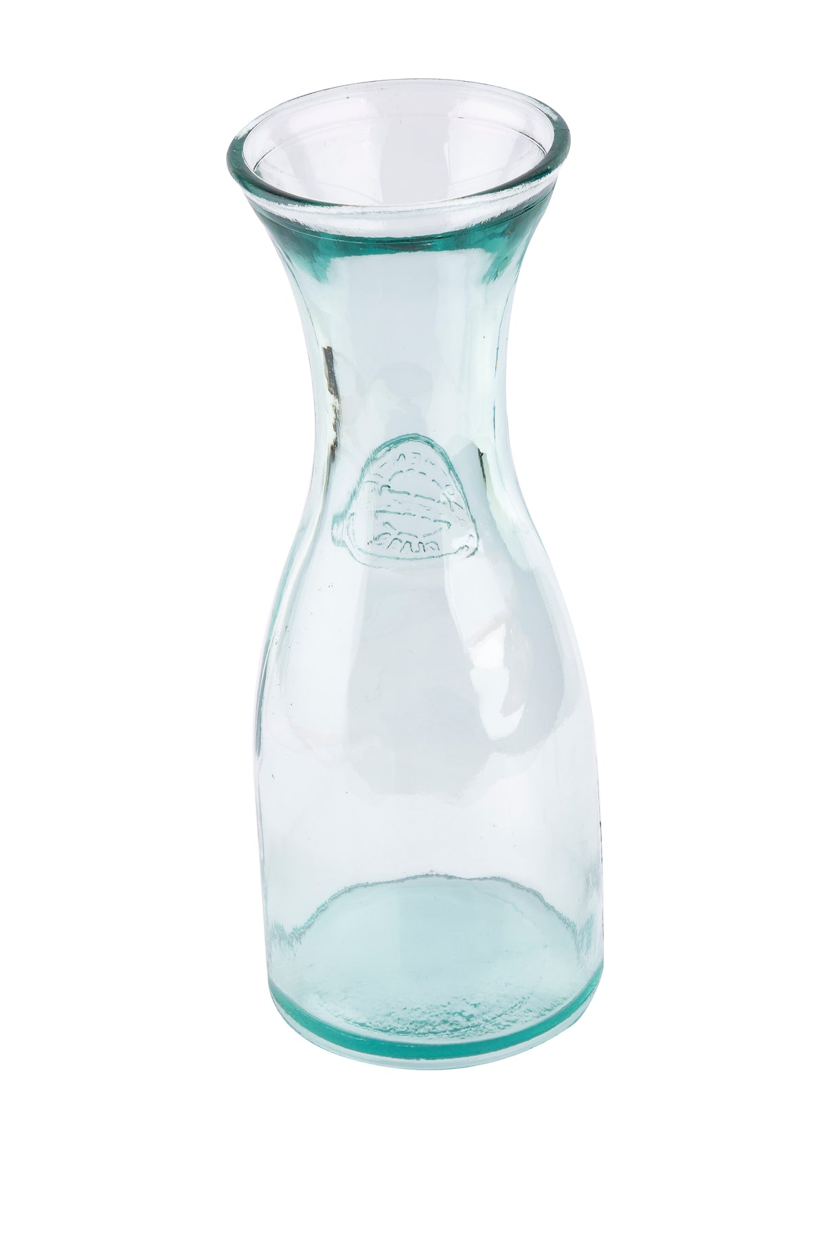 A clear, light blue-green authentic carafe made from recycled glass with a wide mouth, narrow neck, and flared base. The slightly textured glass features an embossed emblem on the upper part. Capacity: 28 oz. The background is plain white.