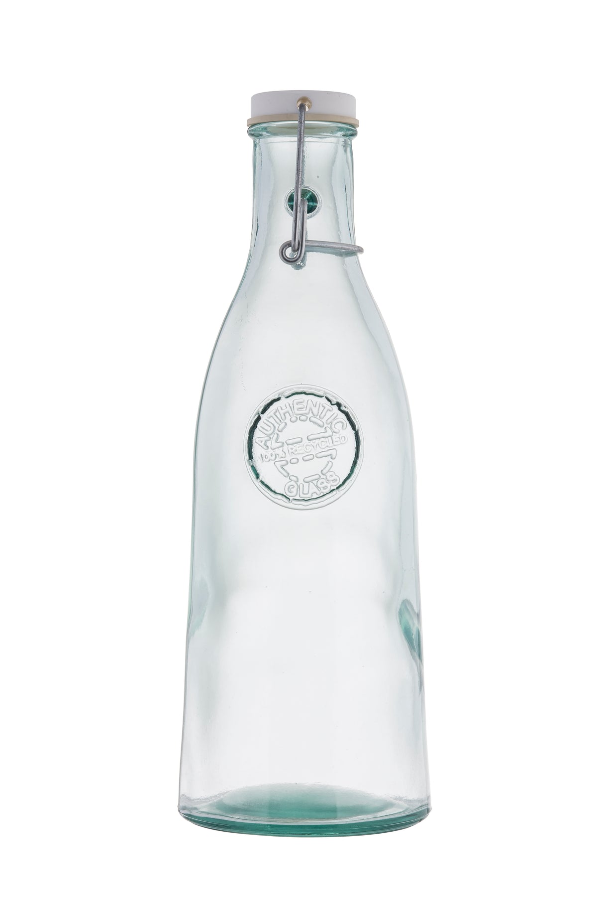 A clear 33 oz bottle with a rounded body, embossed circular logo on the front, and a metal clasp securing a white stopper. This re-sealable bottle is empty and photographed against a plain white background.
