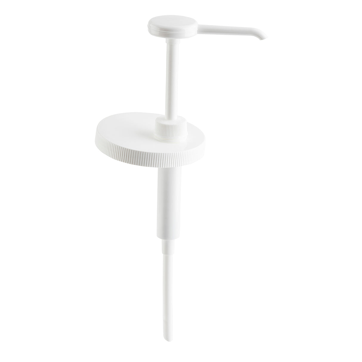 A white plastic economy pump dispenser with a 1 oz. dip tube and ribbed screw-on cap, designed for dispensing liquids from bottles. It features a wide, flat top and angled spout for easy pouring against a plain white background.