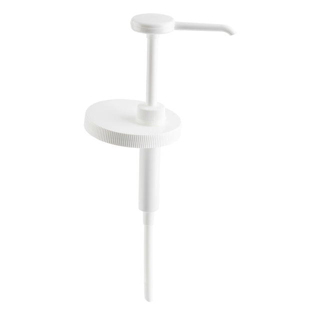 A white plastic economy pump dispenser with a 1 oz. dip tube and ribbed screw-on cap, designed for dispensing liquids from bottles. It features a wide, flat top and angled spout for easy pouring against a plain white background.