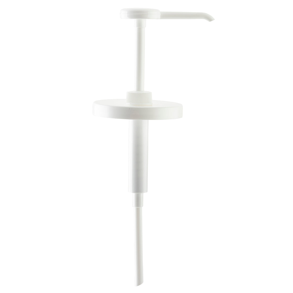 A white plastic Economy Pump dispenser with a 1 oz. dip tube, designed for dispensing liquids like soap or syrup. The pump features a round flat top, threaded collar, and an angled spout; it's also dishwasher safe for easy cleaning.