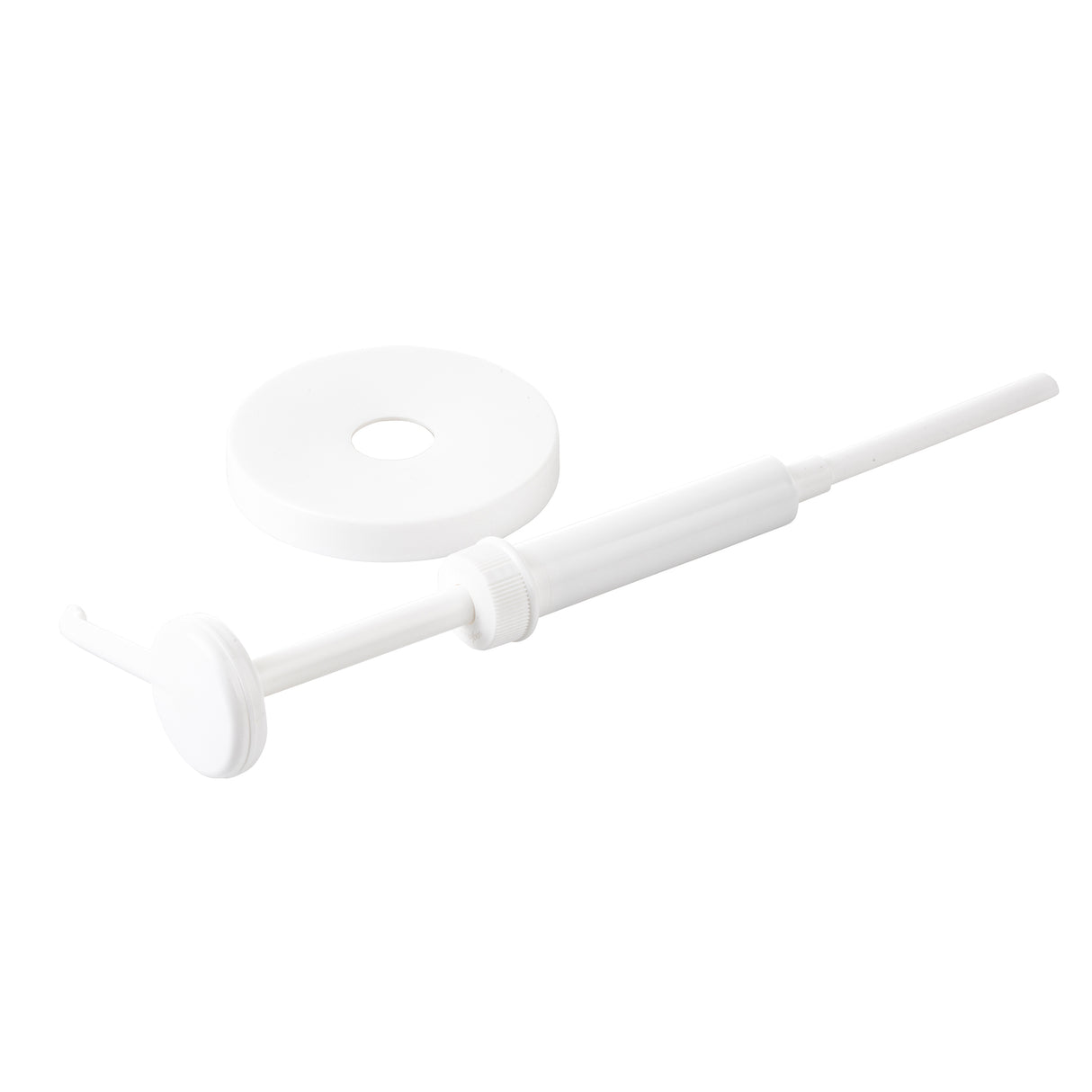 A white plastic Economy Pump dispenser with a 1 oz. dip tube and long straw, featuring a round base and a matching circular cap with a hole in the center, all displayed on a plain white background.