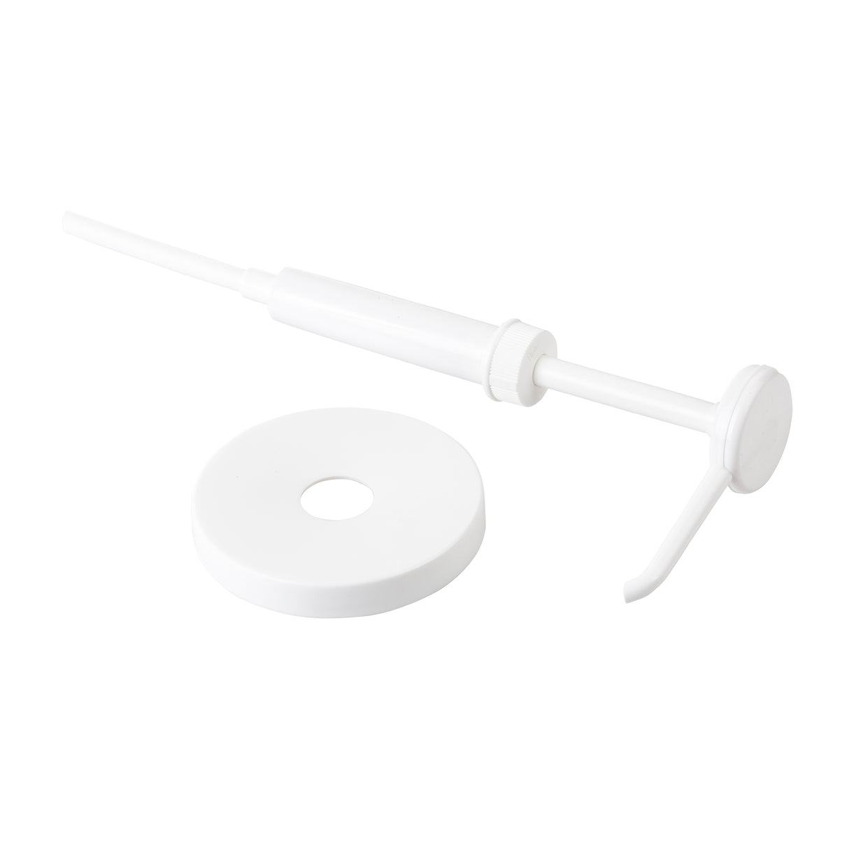 A white plastic Economy Pump dispenser with a 1 oz. dip tube, featuring a round flat base and separate curved nozzle. All parts are clean, simple, dishwasher safe, and arranged against a plain white background.