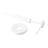 A white plastic Economy Pump dispenser with a 1 oz. dip tube, featuring a round flat base and separate curved nozzle. All parts are clean, simple, dishwasher safe, and arranged against a plain white background.