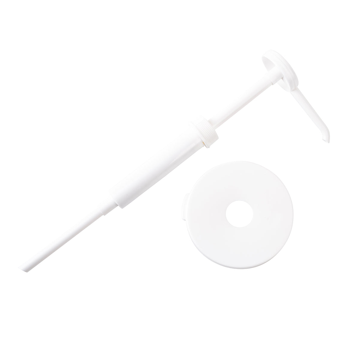 A white plastic Economy Pump dispenser with a 1 oz. dip tube is shown next to a matching round white cap with a central hole. Both items rest against a plain white background; the pump is angled diagonally, and the cap lies flat.