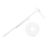 A white plastic Economy Pump dispenser with a 1 oz. dip tube is shown next to a matching round white cap with a central hole. Both items rest against a plain white background; the pump is angled diagonally, and the cap lies flat.