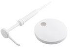A white Economy Pump dispenser with a 1 oz. dip tube and a long nozzle lies next to a round, flat white lid with a small hole near its edge. Both items rest on a plain white background.