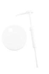 A white plastic Economy Pump dispenser with a 1 oz. dip tube and a matching circular lid with a hole, both on a white background. The pump has a spout and ribbed collar, while the flat lid lies beside it, likely for use together.