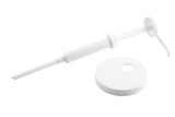 A white plastic 1 oz. economy pump dispenser with a long nozzle lies next to a matching, dishwasher safe screw-on bottle cap with a hole in the center, both set against a plain white background.