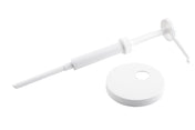 A white plastic 1 oz. economy pump dispenser with a long nozzle lies next to a matching, dishwasher safe screw-on bottle cap with a hole in the center, both set against a plain white background.