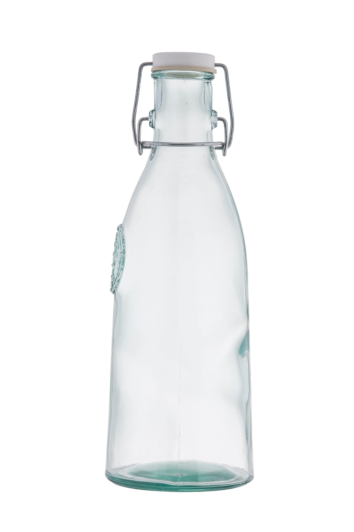 A clear, 33 oz recycled glass bottle with a wide base, narrow neck, and re-sealable metal clasp closure. The bottle features a circular embossed design on one side and stands empty on a white background.