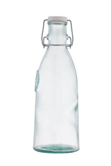 A clear, 33 oz recycled glass bottle with a wide base, narrow neck, and re-sealable metal clasp closure. The bottle features a circular embossed design on one side and stands empty on a white background.