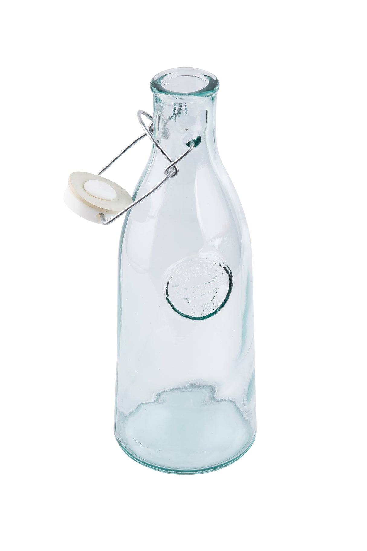 A clear, recycled glass 33 oz bottle with a narrow neck and a re-sealable swing-top cap attached by a metal wire. The white cap has a rubber seal, and the empty bottle stands upright on a white background.