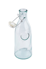 A clear, recycled glass 33 oz bottle with a narrow neck and a re-sealable swing-top cap attached by a metal wire. The white cap has a rubber seal, and the empty bottle stands upright on a white background.