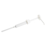 A white plastic Economy Pump with a long dip tube and 38mm snap top, designed for bottles or containers. The pump has a cylindrical body, threaded collar for attachment, and curved nozzle for dispensing liquid by TableCraft Products.