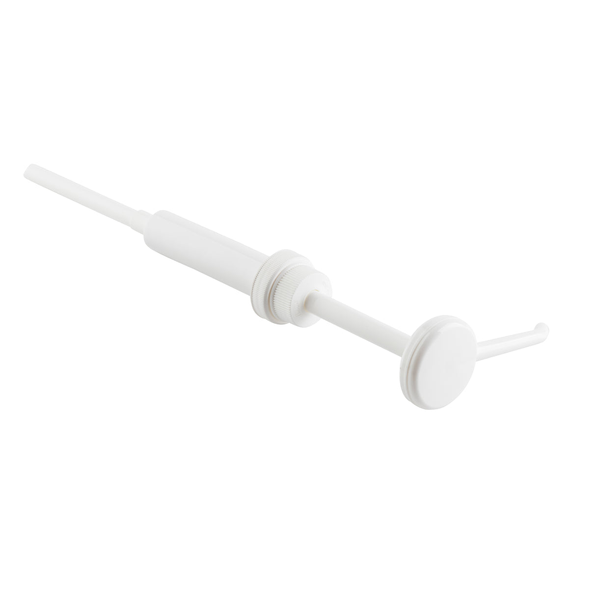 A white plastic Economy Pump dispenser with a long dip tube, made by TableCraft Products, typically used for dispensing liquid soap or syrup. It features a round flat top, a threaded collar for bottles, and a curved nozzle for controlled pouring.