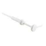 A white plastic Economy Pump dispenser with a long dip tube, made by TableCraft Products, typically used for dispensing liquid soap or syrup. It features a round flat top, a threaded collar for bottles, and a curved nozzle for controlled pouring.