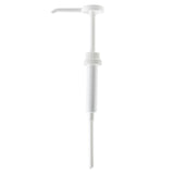 A white plastic Economy Pump dispenser with a long dip tube, designed for bottles or containers. The 38mm snap top fits securely, featuring a round top, narrow spout for liquid dispensing, and threading halfway down for easy attachment.
