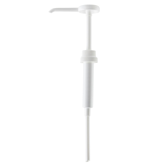 A white plastic Economy Pump dispenser with a long dip tube, designed for bottles or containers. The 38mm snap top fits securely, featuring a round top, narrow spout for liquid dispensing, and threading halfway down for easy attachment.