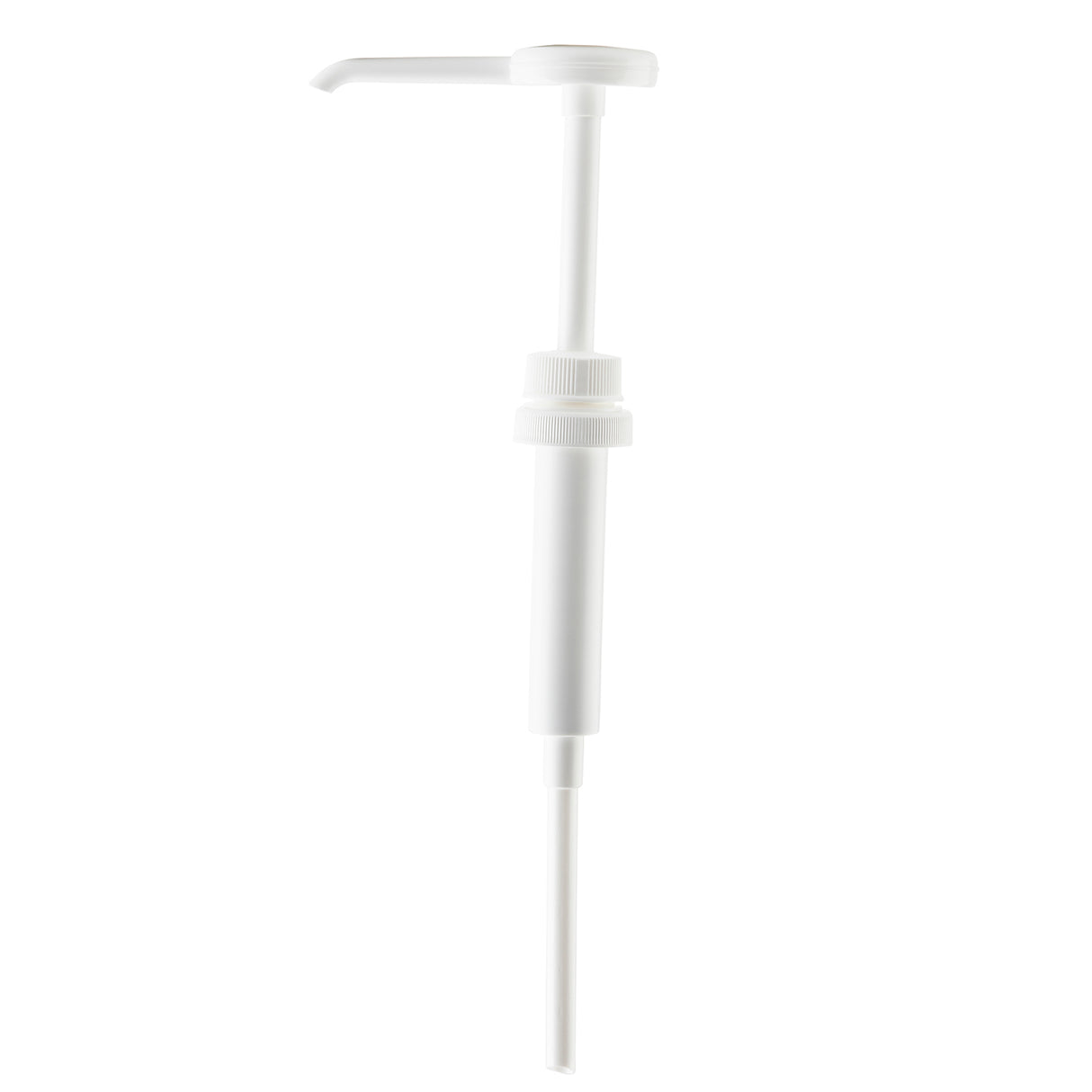 A white plastic Economy Pump dispenser with a 1 oz. dip tube and horizontal spout, designed for dispensing liquids like soap or syrup. The background is plain white, making the pump clearly visible.