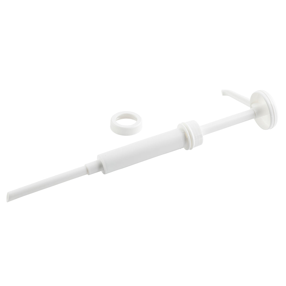 A white plastic Economy Pump dispenser with a 1 oz. dip tube, ribbed collar, and a separate round threaded ring, all lying on a plain white background. The pump is designed for dispensing liquids from large bottles.