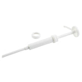 A white plastic Economy Pump dispenser with a 1 oz. dip tube, ribbed collar, and a separate round threaded ring, all lying on a plain white background. The pump is designed for dispensing liquids from large bottles.