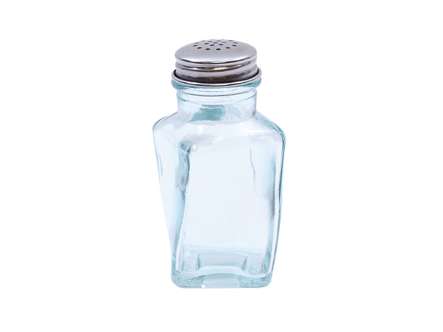 A clear glass salt shaker from TableCraft Products with a square shape and rounded edges, topped with a metal lid featuring small holes. This salt & pepper shaker is empty and placed on a white background.