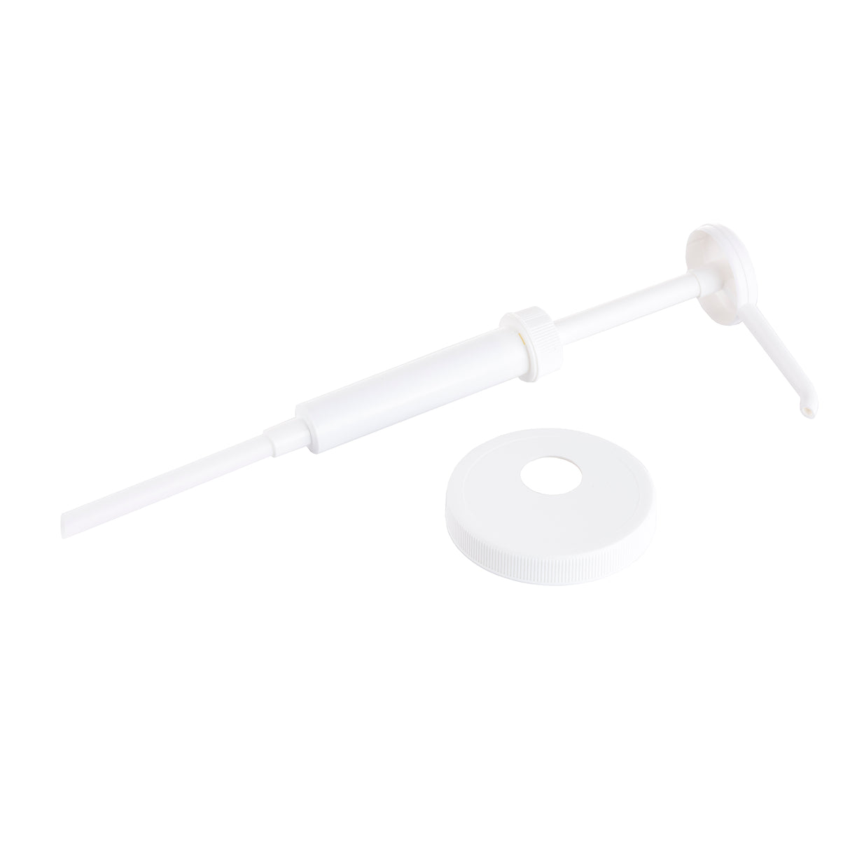 A white plastic Economy Pump dispenser with a 1 oz. dip tube and a removable round cap, both placed on a plain white background. The pump is typically used for dispensing liquids from bottles or containers and is dishwasher safe.