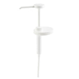 A white plastic Economy Pump dispenser with a ribbed collar and 1 oz. dip tube, designed for dispensing soap or lotion from a bottle. The long nozzle ensures easy use. The background is plain white.