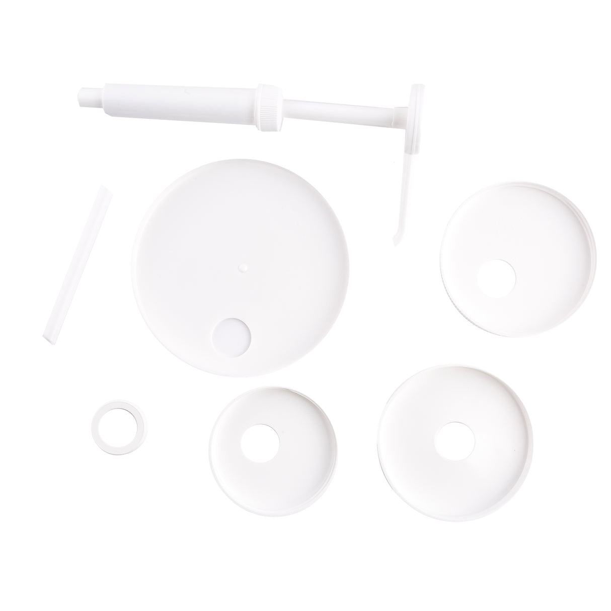Five white plastic discs, a ring, a straw, and a pump dispenser with tube are arranged on a white background. These dishwasher safe items appear to be parts of the TableCraft Products Economy Pump Kit or similar dispenser set.