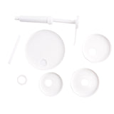 Five white plastic discs, a ring, a straw, and a pump dispenser with tube are arranged on a white background. These dishwasher safe items appear to be parts of the TableCraft Products Economy Pump Kit or similar dispenser set.