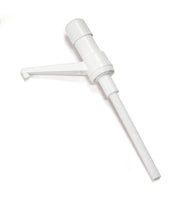 A white plastic Stationary Nozzle Pump dispenser with a long stem and a flat, horizontal nozzle. Dishwasher safe, it is positioned diagonally on a plain white background, with the nozzle pointing left and the stem extending downward.