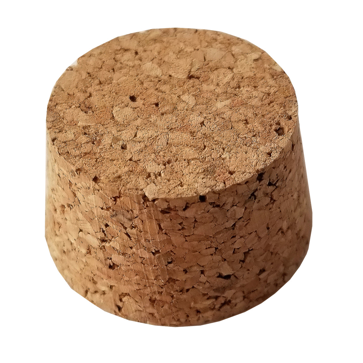 The TableCraft Products 6631 Cork Stopper features a cylindrical shape with a wider top and narrower base, made from compressed tan cork. Its rough, porous surface has visible small holes and cracks, isolated on a white background.