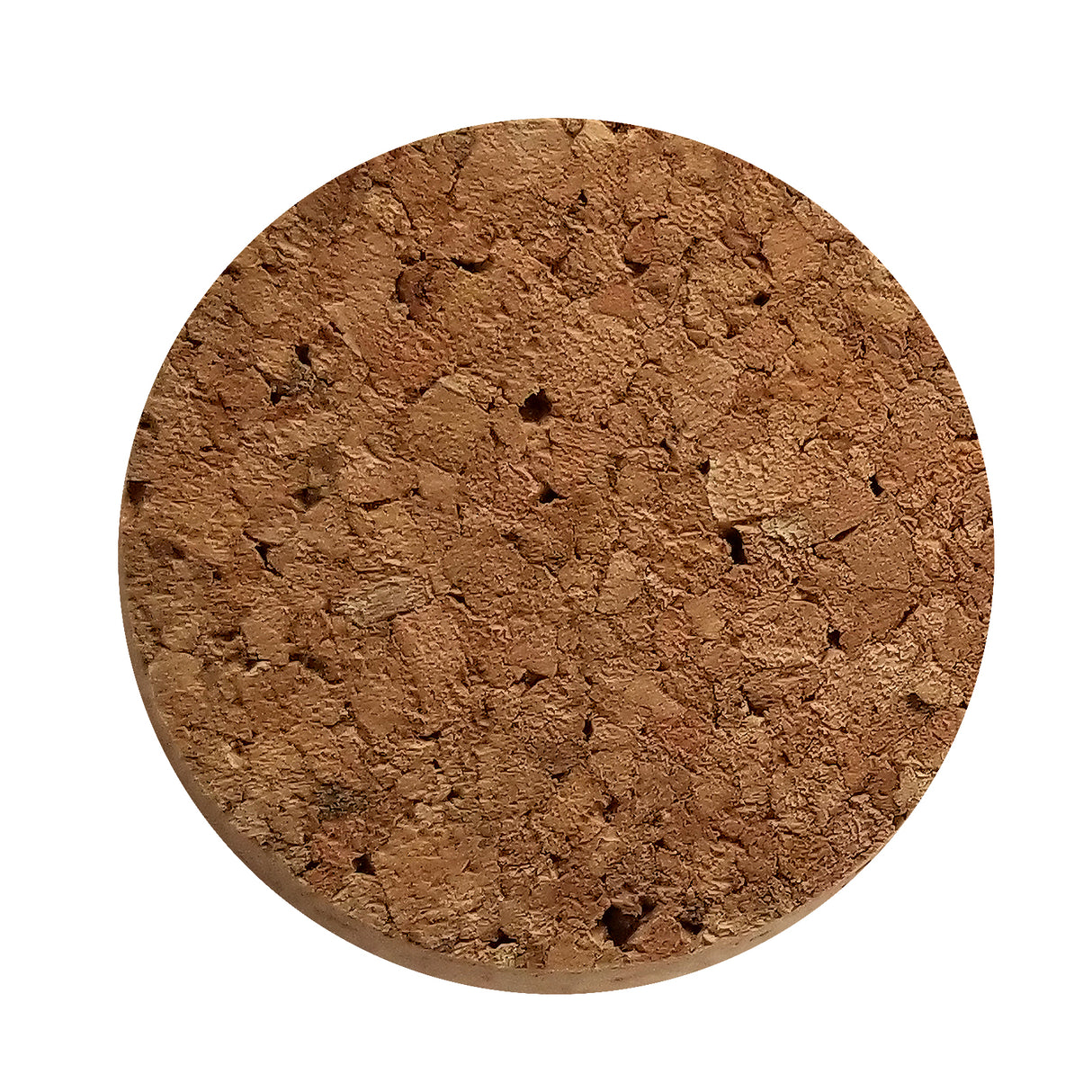 A round, flat cork coaster by TableCraft Products is viewed from above. The natural, rough texture features irregular light brown and tan cork pieces, small holes, and an uneven pattern. A white background highlights its circular shape and earthy appearance.