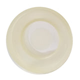 A clear, round petri dish with a slightly yellowish tint, viewed from above, showing smooth edges and a flat center—similar in clarity to TableCraft Products 663 or a pristine flapper valve. The dish is empty and set on a plain white background.