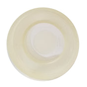 A clear, round petri dish with a slightly yellowish tint, viewed from above, showing smooth edges and a flat center—similar in clarity to TableCraft Products 663 or a pristine flapper valve. The dish is empty and set on a plain white background.