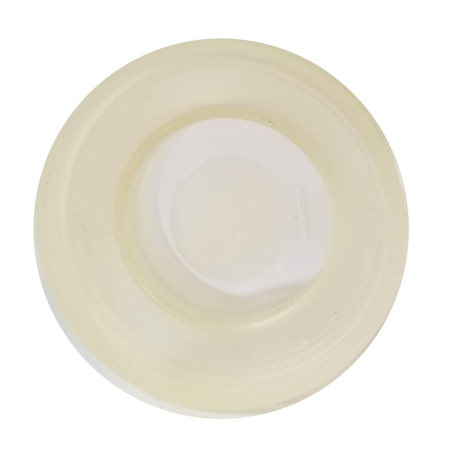A clear, round petri dish with a slightly yellowish tint, viewed from above, showing smooth edges and a flat center—similar in clarity to TableCraft Products 663 or a pristine flapper valve. The dish is empty and set on a plain white background.