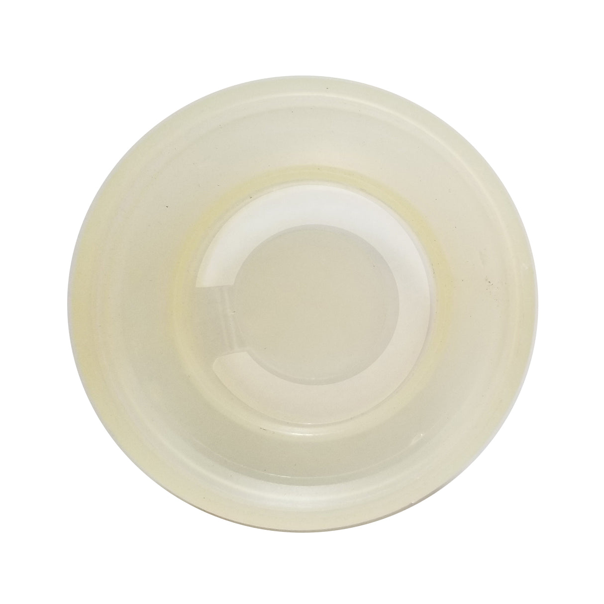 A translucent, round plastic lid from TableCraft Products is viewed from above against a white background. Featuring a slightly raised edge and circular inner ridge, this 663 Flapper Valve lid has a subtle yellowish tint and an unmarked surface.