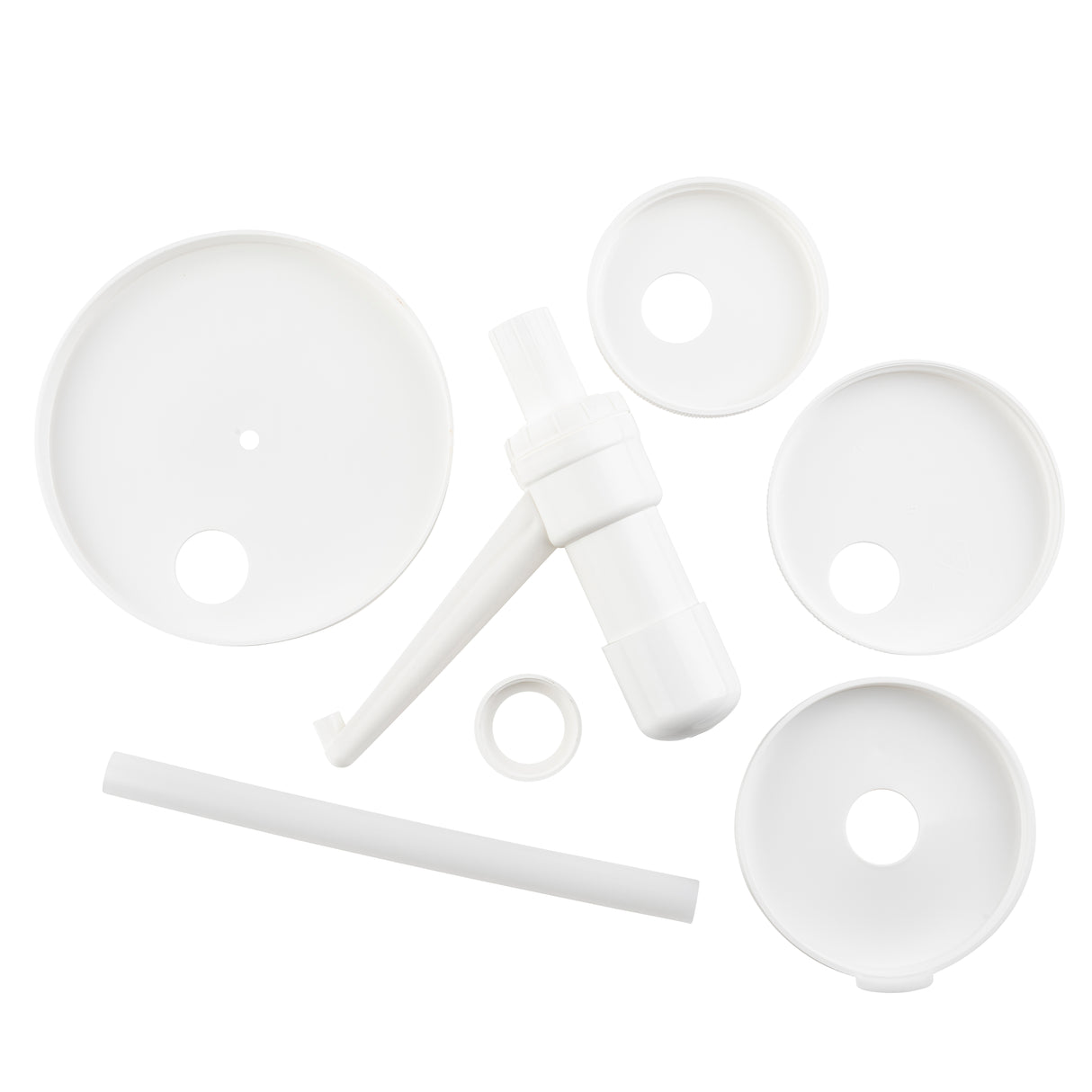 A dishwasher safe pump kit featuring white plastic parts on a white background, including a handle with lever, straight tube, small ring, and four round lids or discs of varying sizes—some with holes in the center.