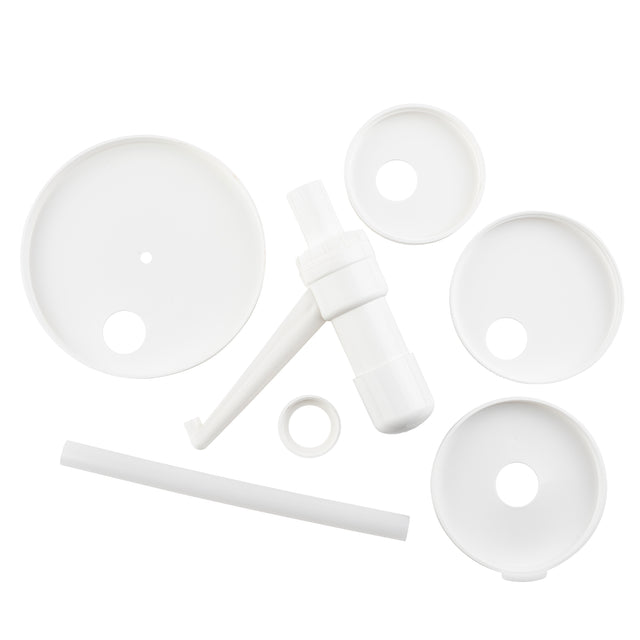 A dishwasher safe pump kit featuring white plastic parts on a white background, including a handle with lever, straight tube, small ring, and four round lids or discs of varying sizes—some with holes in the center.