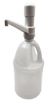 A white plastic gallon jug with an integrated handle features a Stationary Nozzle Pump and a large, angled spout for easy dispensing of liquids. Commonly used for soaps, sanitizers, or cleaning products; durable and dishwasher safe for added convenience.