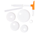 Five white circular plastic pieces with holes, a white and orange L-shaped handle, and a white tube—components of the WideMouth Maxi Pump Kit. Made of durable plastic and dishwasher safe, they are neatly arranged on a white background.