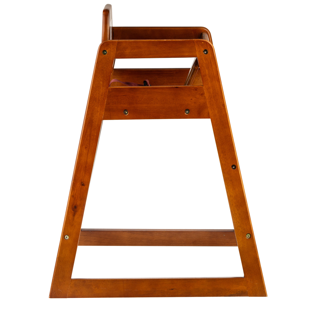 A side view of a wooden high chair with a brown finish. The chair has a simple, triangular frame, a flat seat, armrests, and a support bar near the base. Metal screws are visible at the joints. This high chair is ASTM F404-18 compliant.